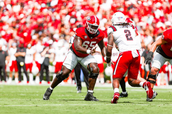 Georgia offensive lineman Amarius Mims (65) during Georgia’s game against Ball State on Dooley Field at Sanford Stadium in Athens, Ga., on Saturday, Sept. 9, 2023. (Tony Walsh/UGAAA)